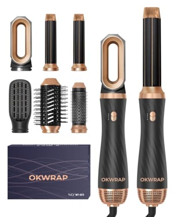 Hair Styler OKWRAP Airstyler set 6 In 1 Mit Rundbürstenföhn Haarstyler Warmluftbürste Thermal Brush Airflow Lockenstab Automatisch, Volumen Föhnbürste,Für Glätten, Trocknen, Volumen, Locken