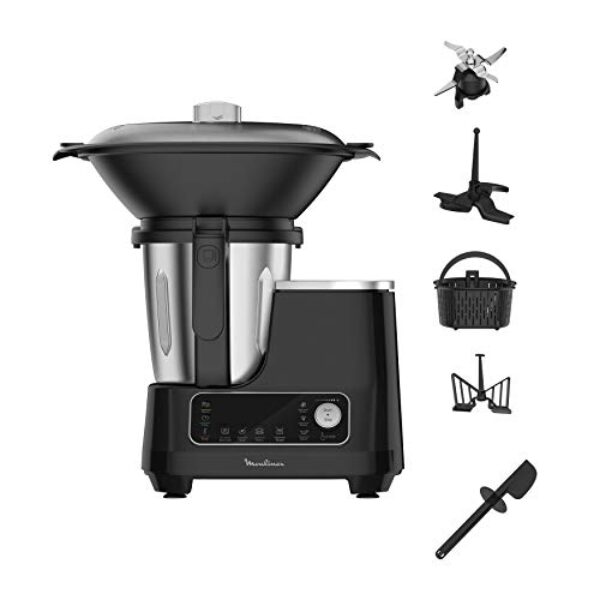 Moulinex HF4568 Click Chef Küchenmaschine mit Kochfunktion | 1400 Watt | 12 Geschwindigkeitsstufen | Gesamtvolumen 3,6 Liter | 28 Funktionen | inkl. Zubehör und Rezeptheft | Farbe Schwarz