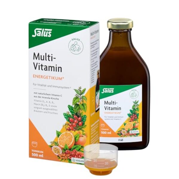 Salus Multi-Vitamin Energetikum (a) - 1x 500 ml - Tonikum mit 8 wichtigen Vitaminen - Vitamin A, B1, B2, Niacin (B3), B6, D3 und E - vegan - bio