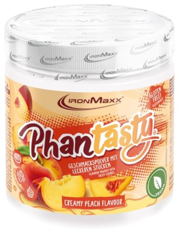 IronMaxx Phantasty - Creamy Peach 250g Dose | Veganes Geschmackspulver mit Echten Frucht- oder Nussstückchen | Perfekter Zuckerersatz